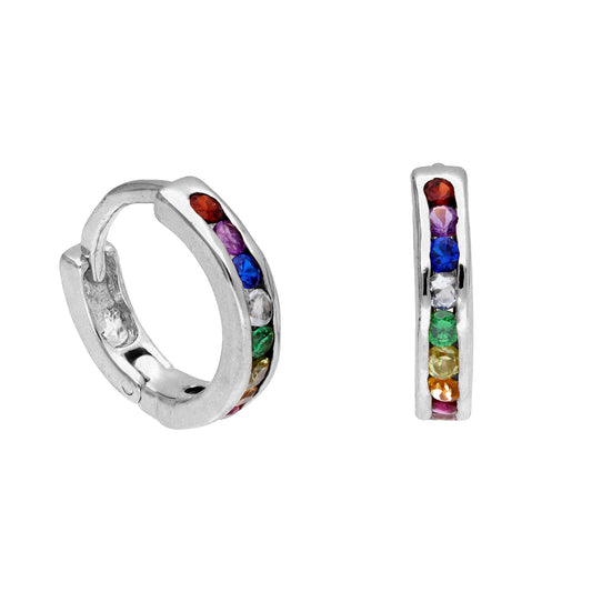 Sterling Silver Rainbow CZ 14mm Hinged Huggie Hoop Earrings
