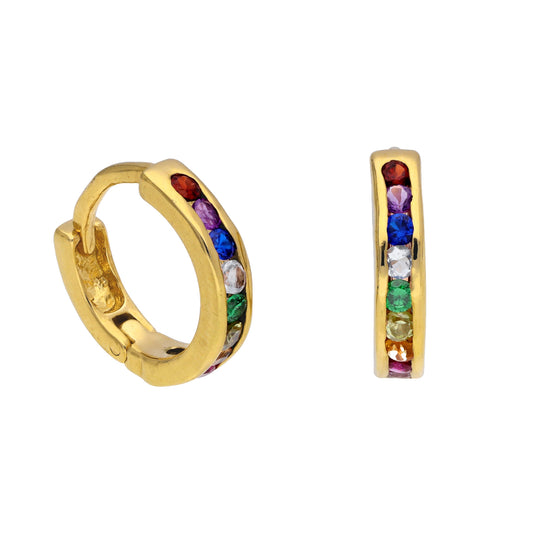 Gold Plated Sterling Silver Rainbow CZ 14mm Huggie Earrings