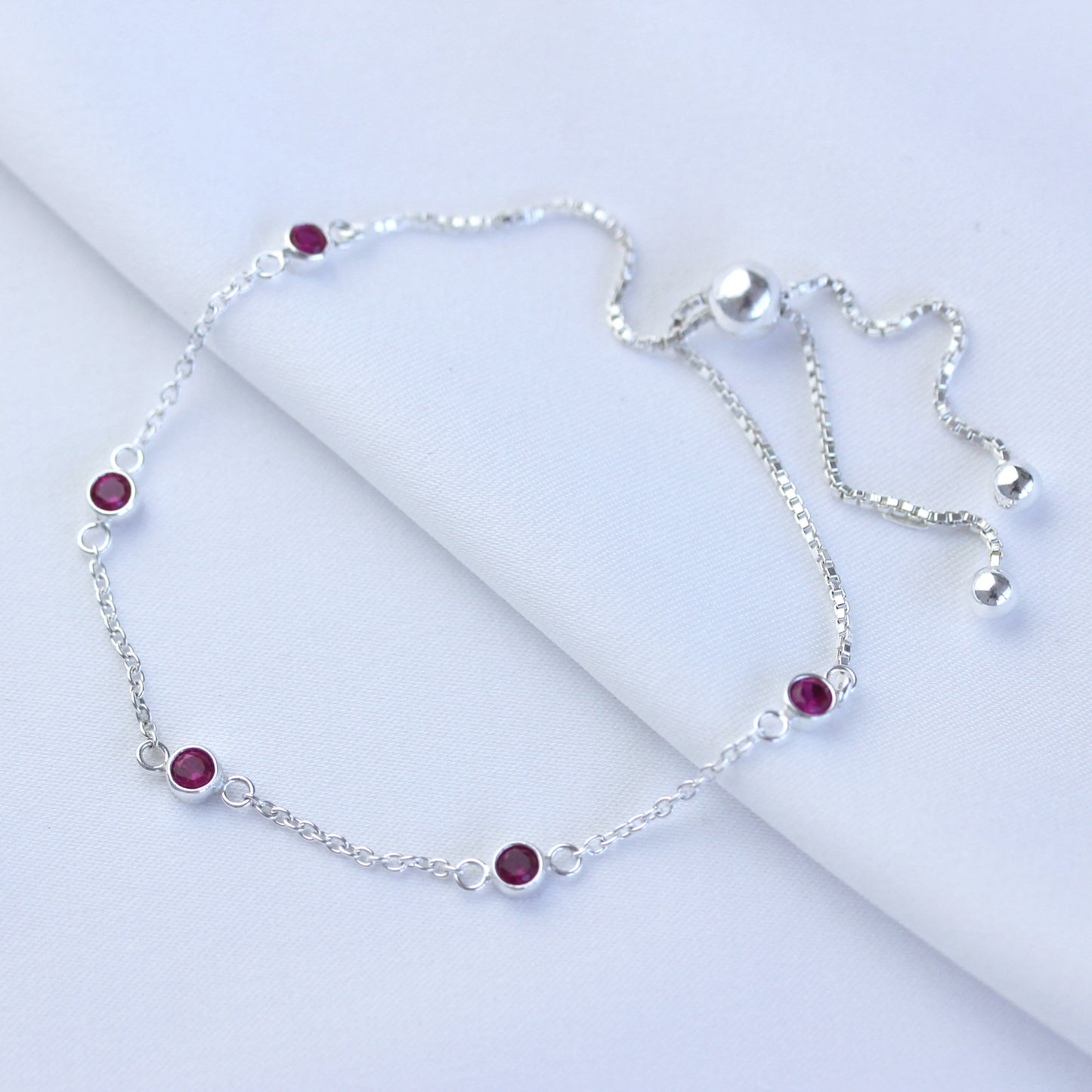 Sterling Silver Multi Ruby CZ Adjustable Bracelet
