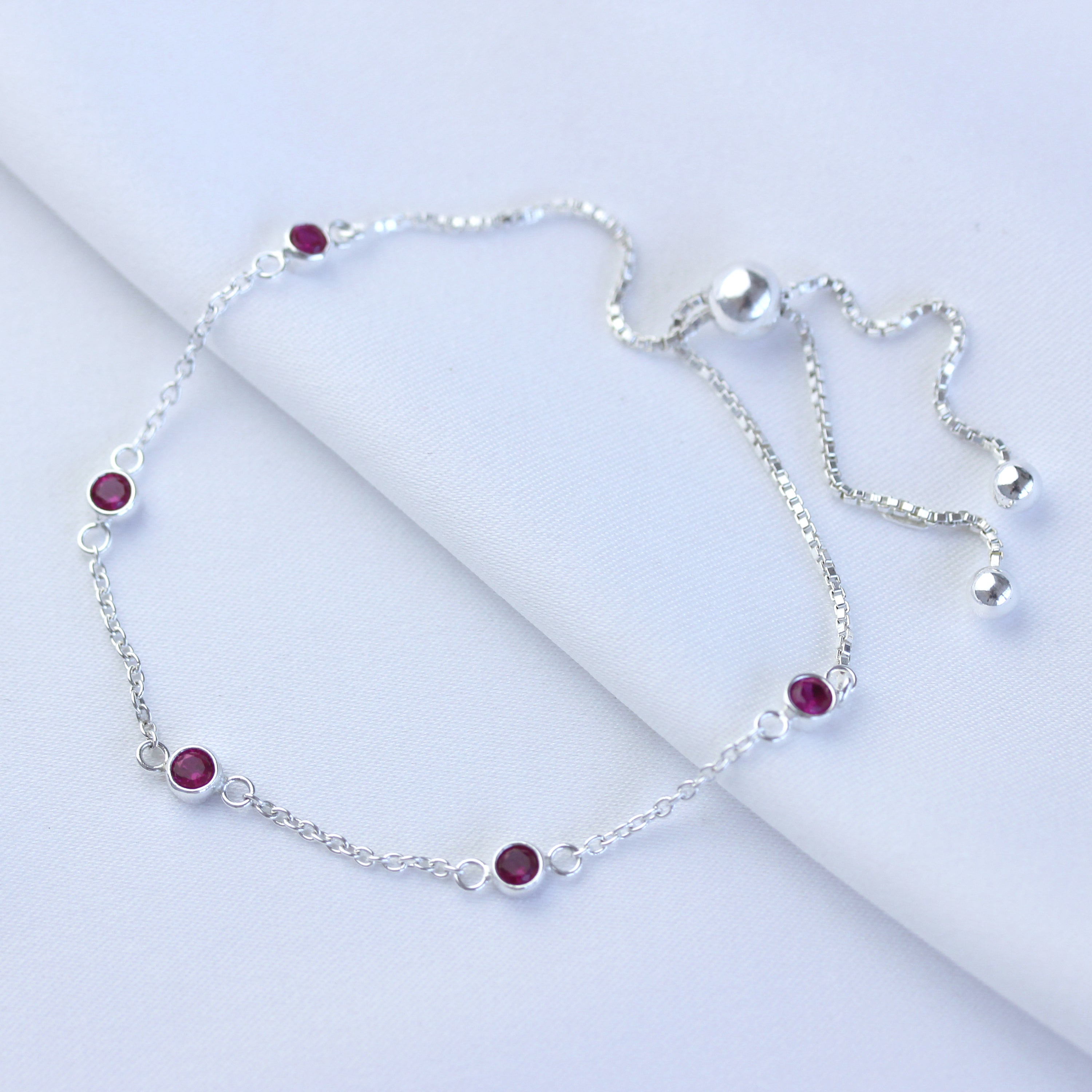 Sterling Silver Multi Ruby CZ Adjustable Bracelet
