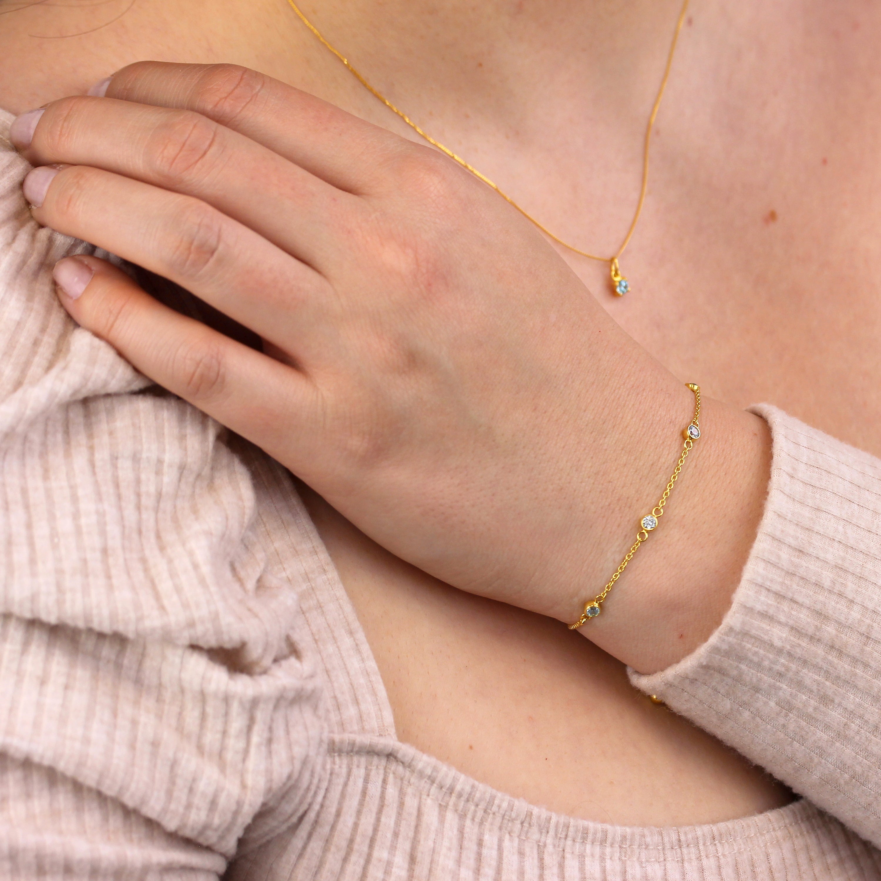 Gold Plated Sterling Silver Aquamarine CZ Adjustable Bracelet