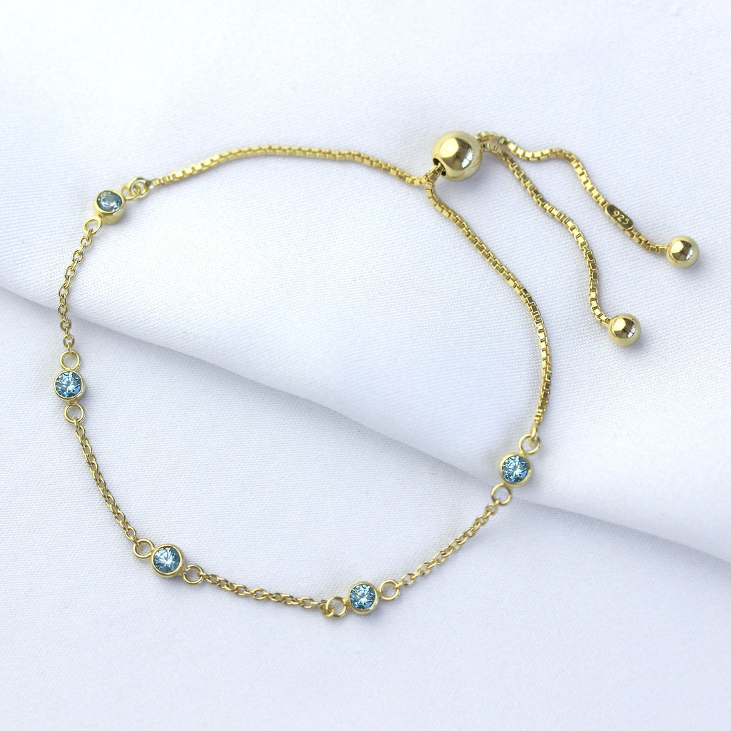 Gold Plated Sterling Silver Aquamarine CZ Adjustable Bracelet