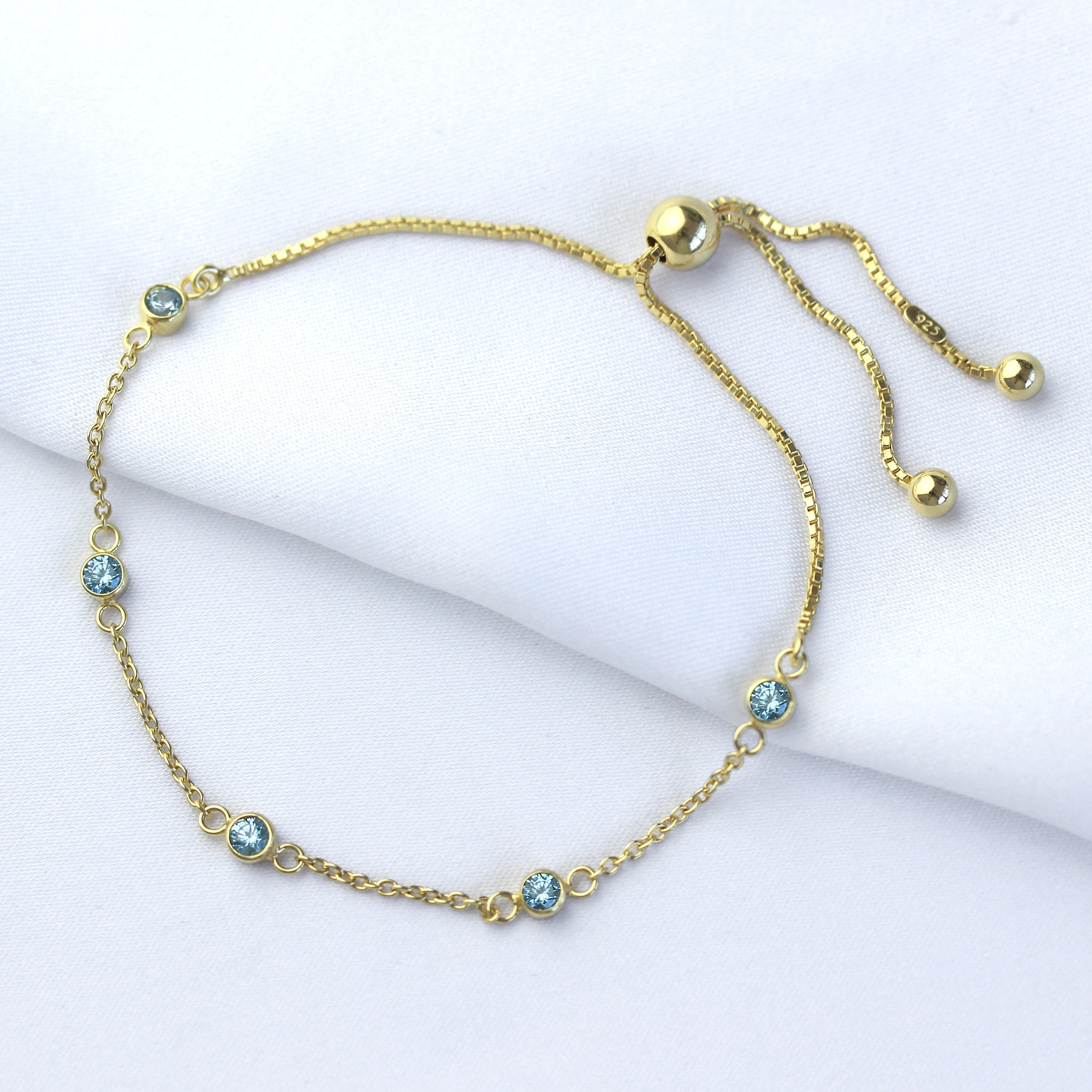 Gold Plated Sterling Silver Aquamarine CZ Adjustable Bracelet