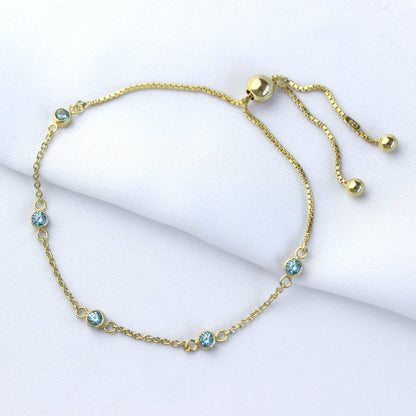 Gold Plated Sterling Silver Aquamarine CZ Adjustable Bracelet