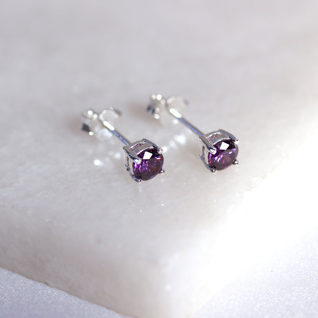 Sterling Silver Amethyst CZ Birthstone 4mm Stud Earrings