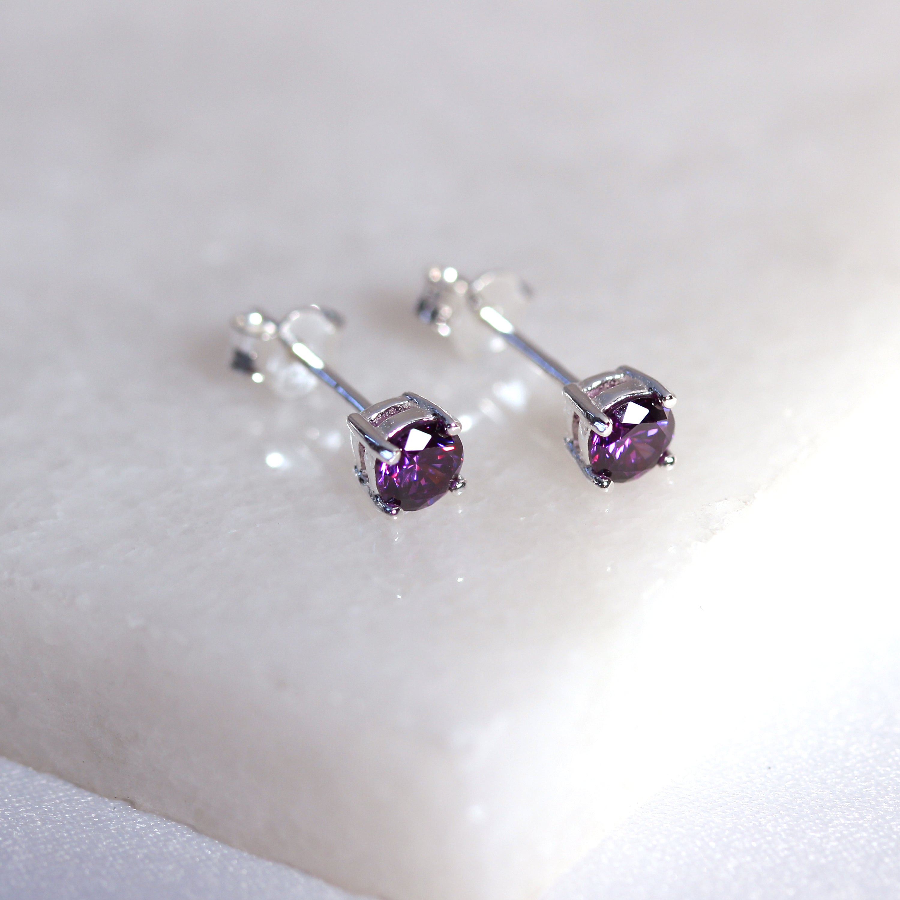 Sterling Silver Amethyst CZ Birthstone 4mm Stud Earrings
