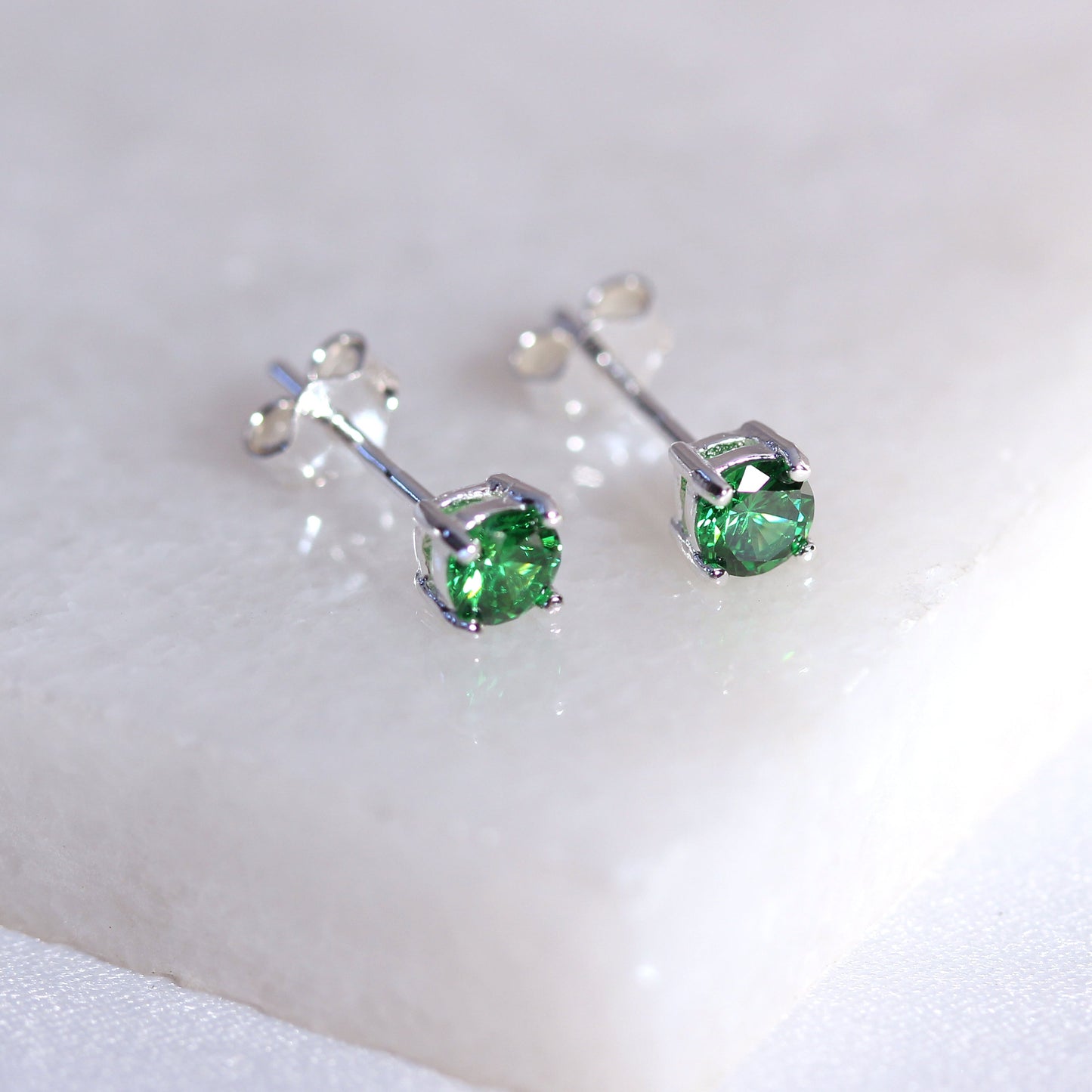 Sterling Silver Emerald CZ May Birthstone 4mm Stud Earrings