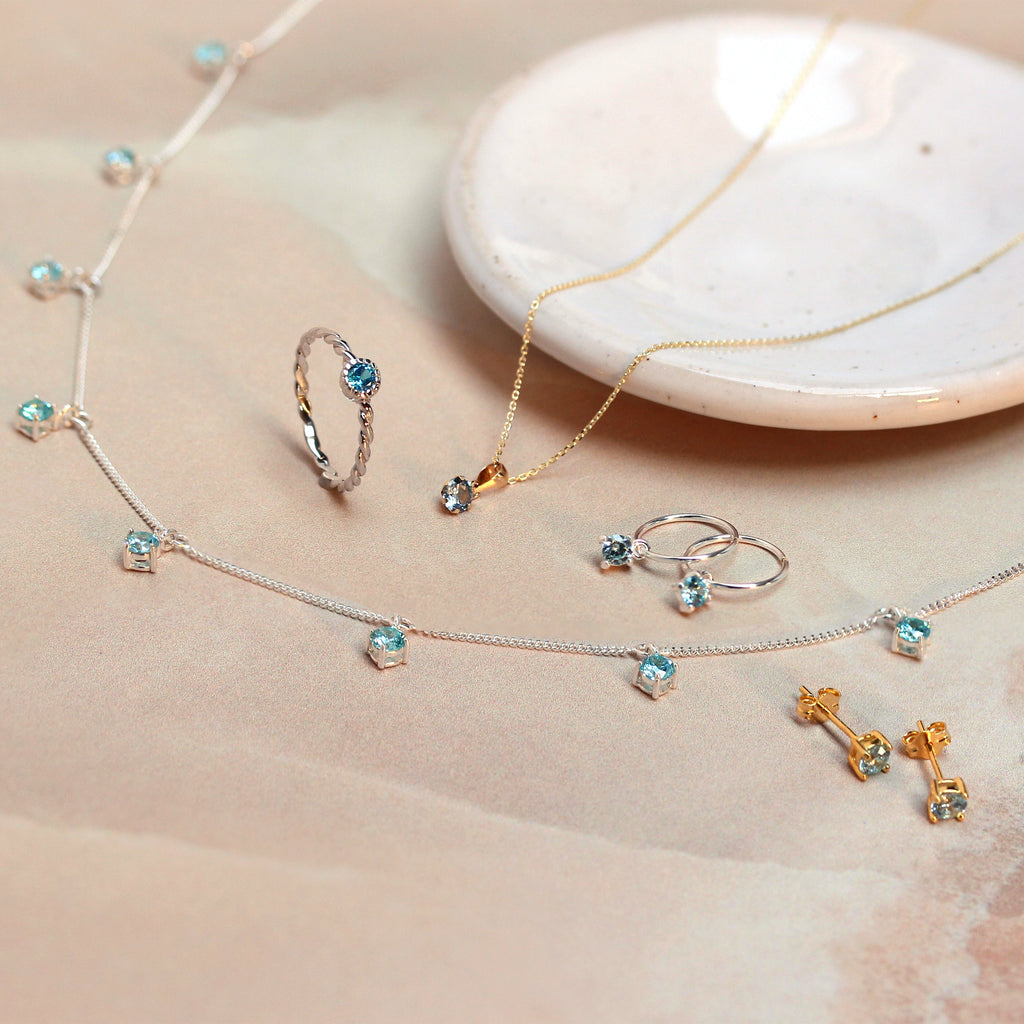 9ct Gold 5mm Round Claw Aquamarine CZ Necklace 16 - 20 Inches
