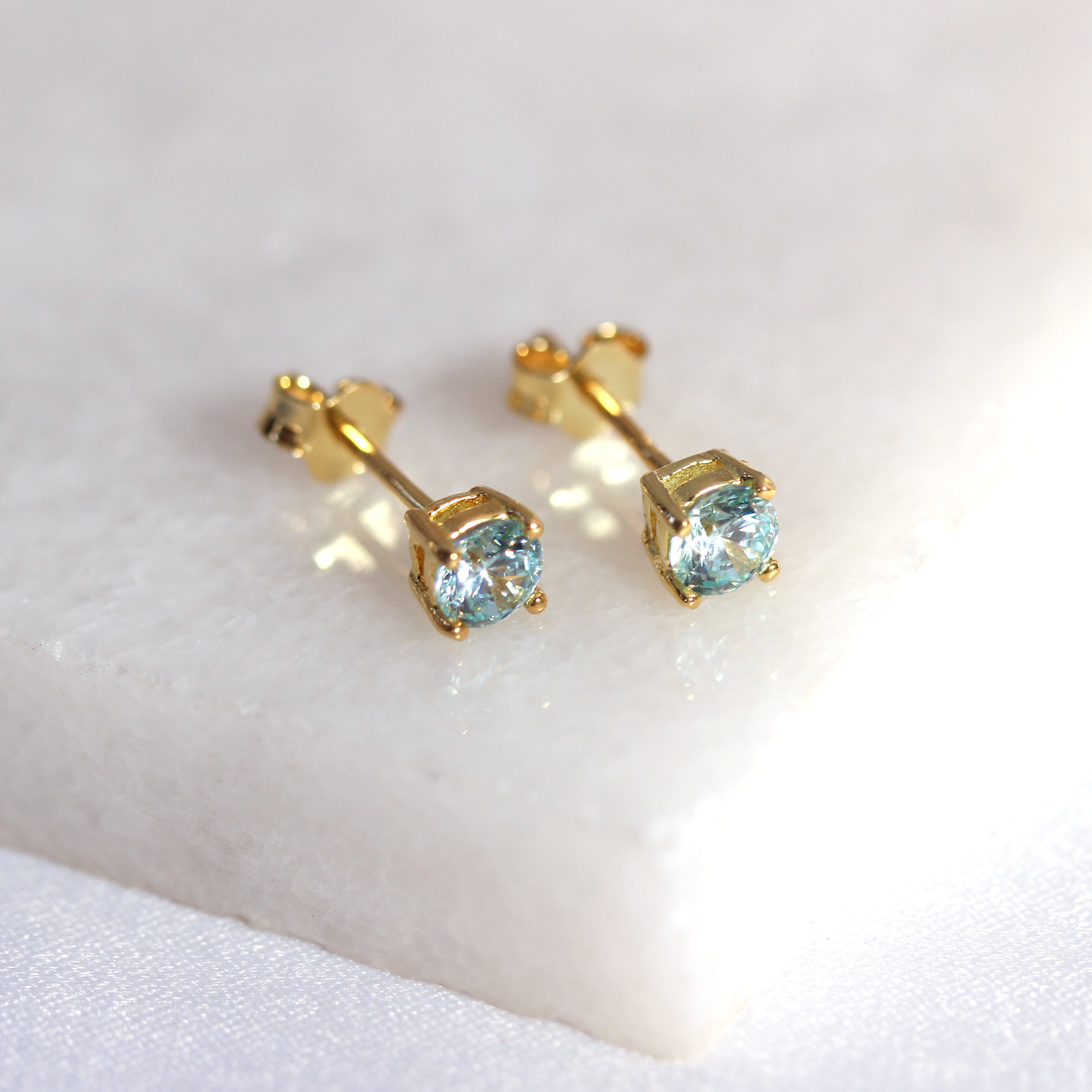 Gold Plated Sterling Silver Aquamarine CZ 4mm Stud Earrings
