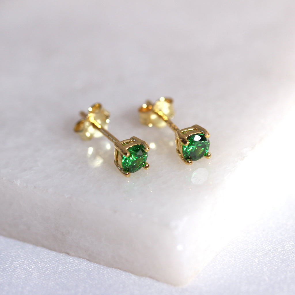 Gold Plated Sterling Silver Emerald CZ May 4mm Stud Earrings