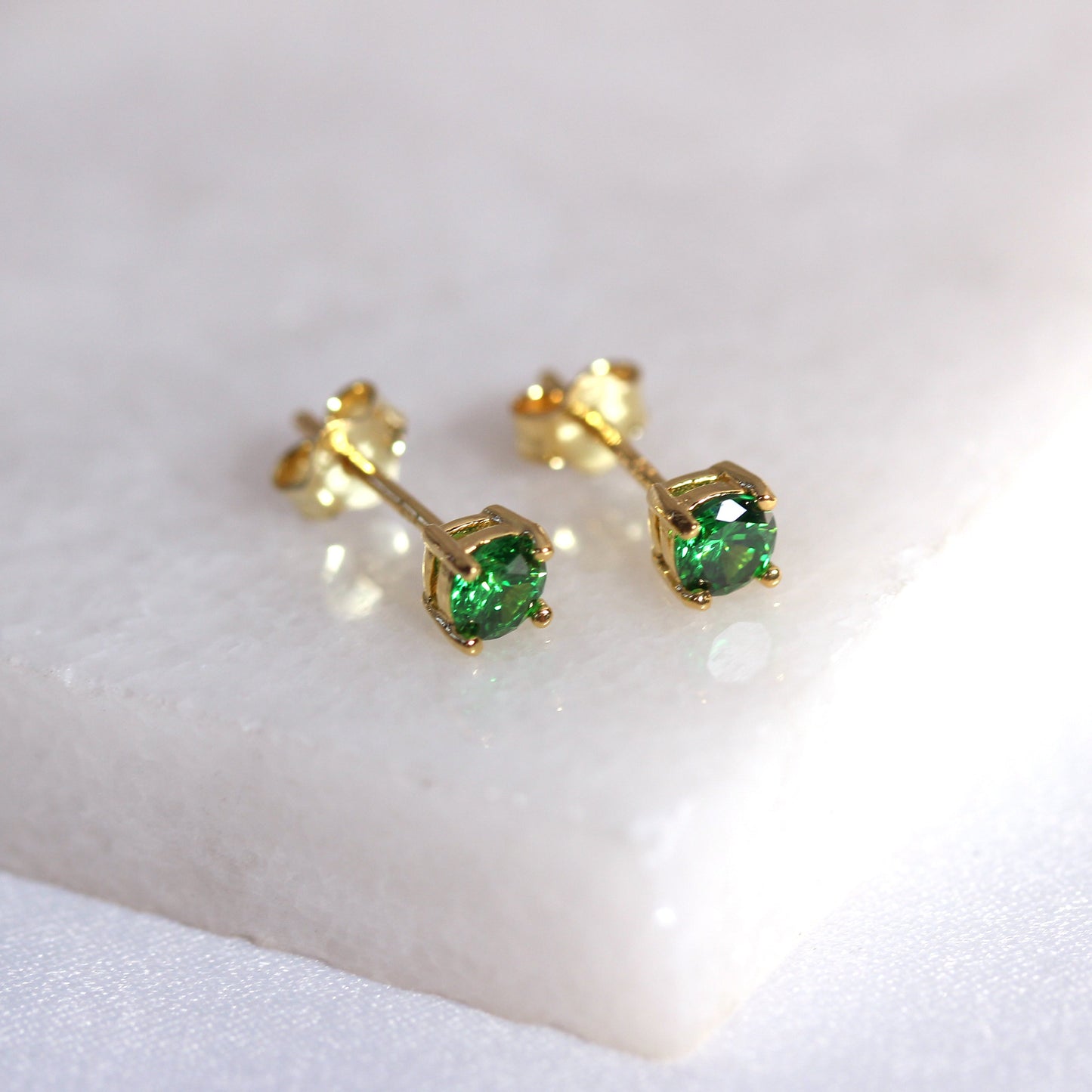 Gold Plated Sterling Silver Emerald CZ May 4mm Stud Earrings
