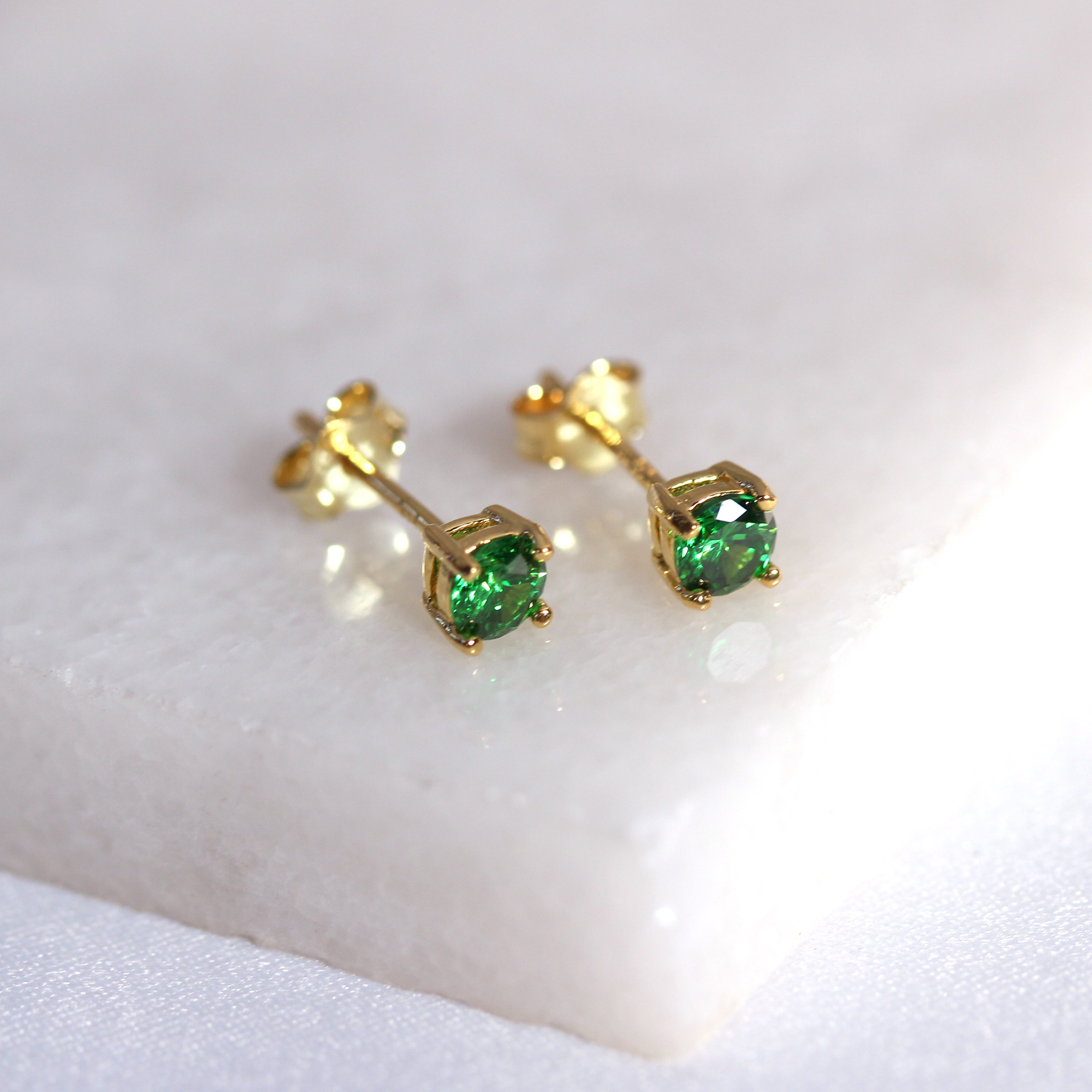 Gold Plated Sterling Silver Emerald CZ May 4mm Stud Earrings