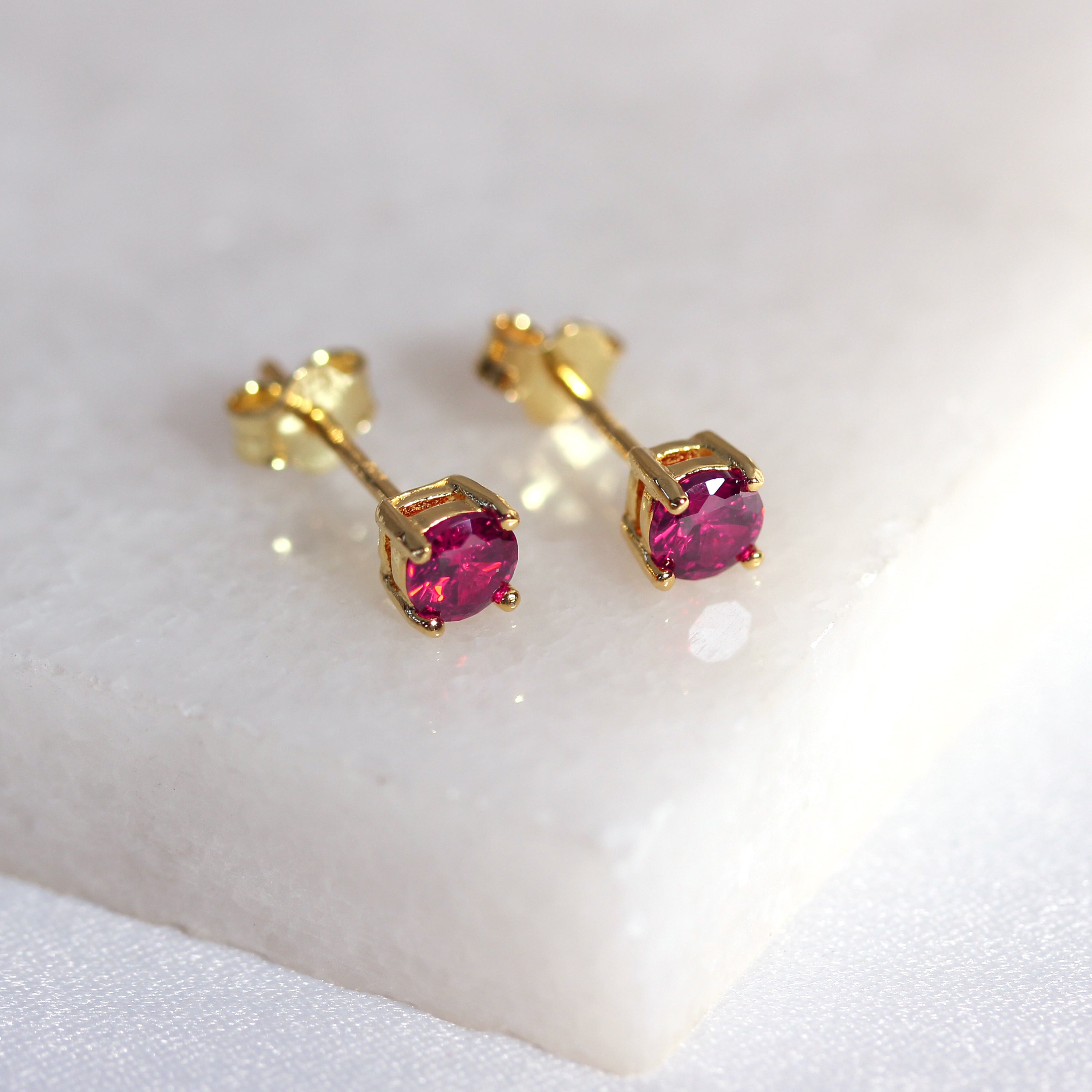 Gold Plated Sterling Silver Ruby CZ July 4mm Stud Earrings