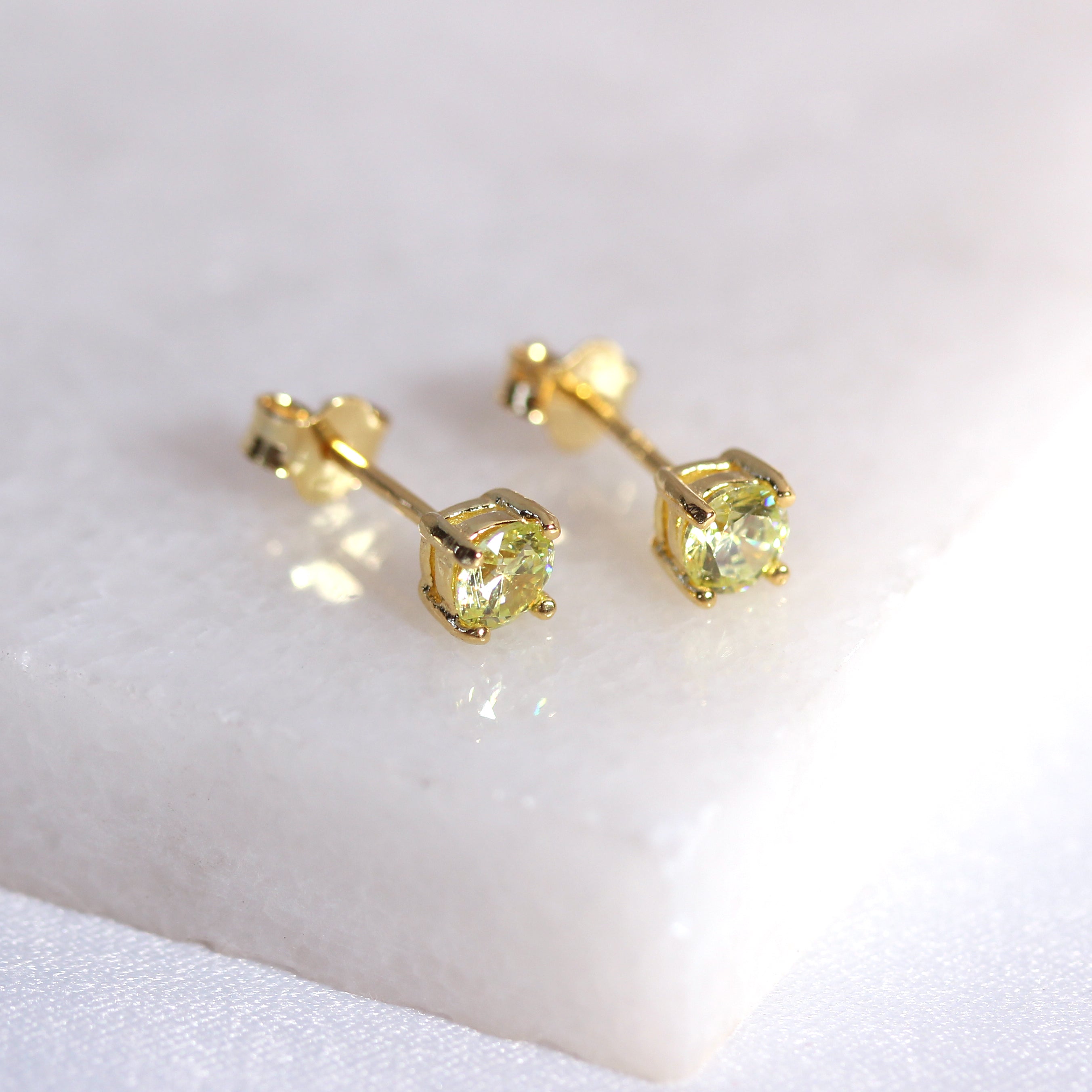 Gold Plated Sterling Silver Peridot CZ 4mm Stud Earrings