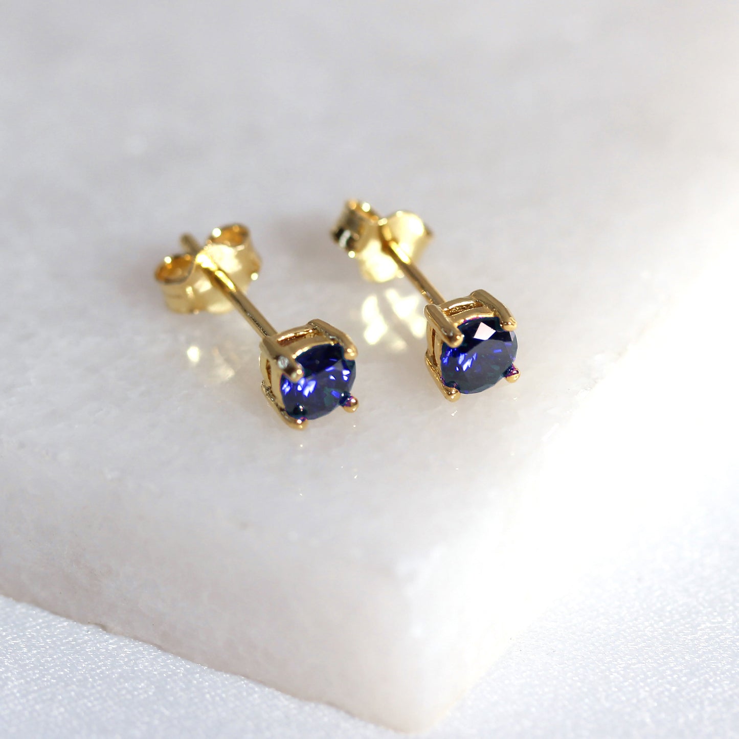 Gold Plated Sterling Silver Sapphire CZ 4mm Stud Earrings