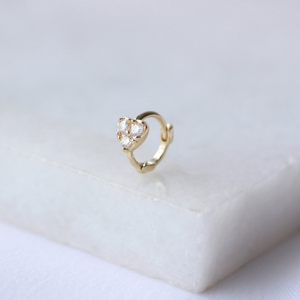 9ct Gold Tiny CZ Heart 7mm Helix Hoop 26Ga Piercing