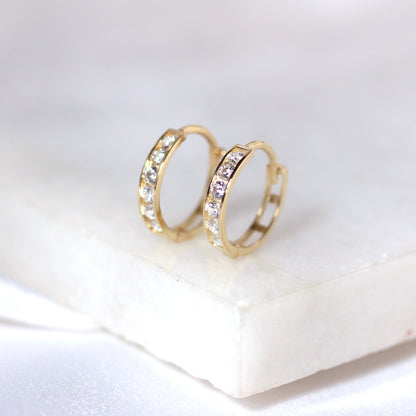 9ct Gold Channel Set CZ 12mm Huggie Hoop Earrings