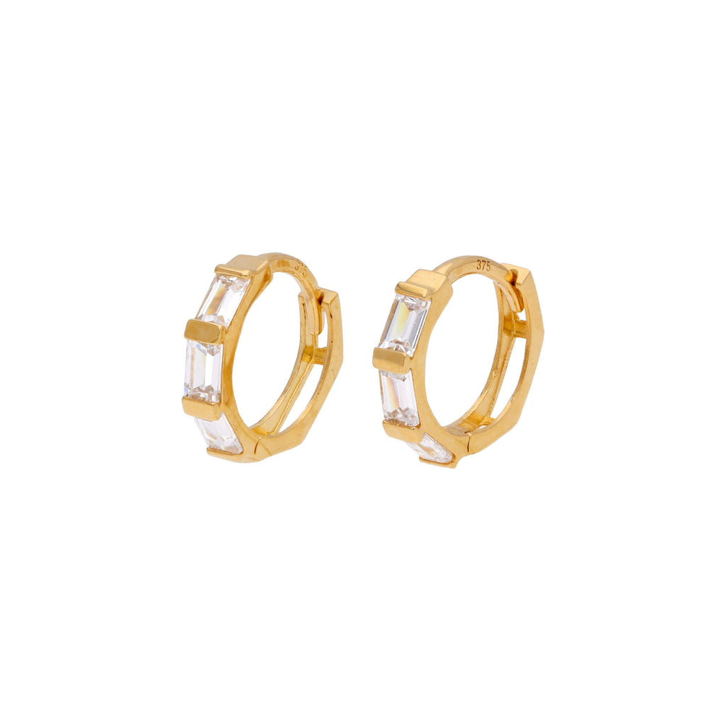 9ct Gold Baguette Set CZ 10mm Huggie Hoop Earrings