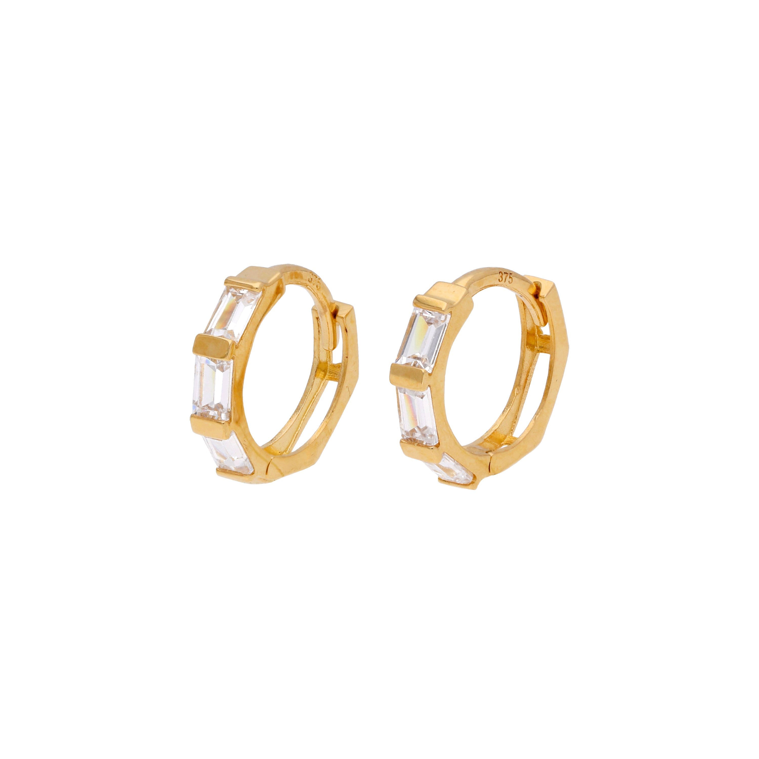 9ct Gold Baguette Set CZ 10mm Huggie Hoop Earrings