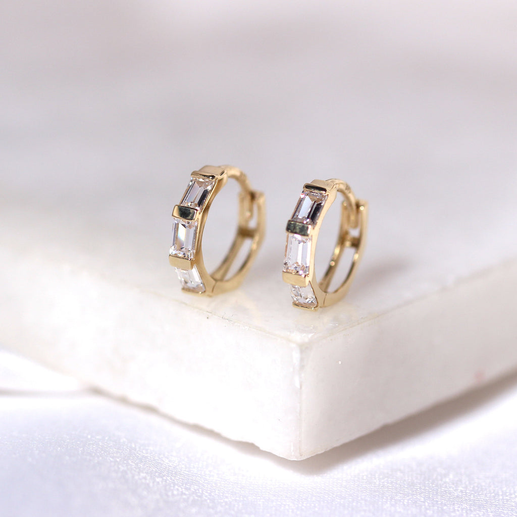 9ct Gold Baguette Set CZ 10mm Huggie Hoop Earrings