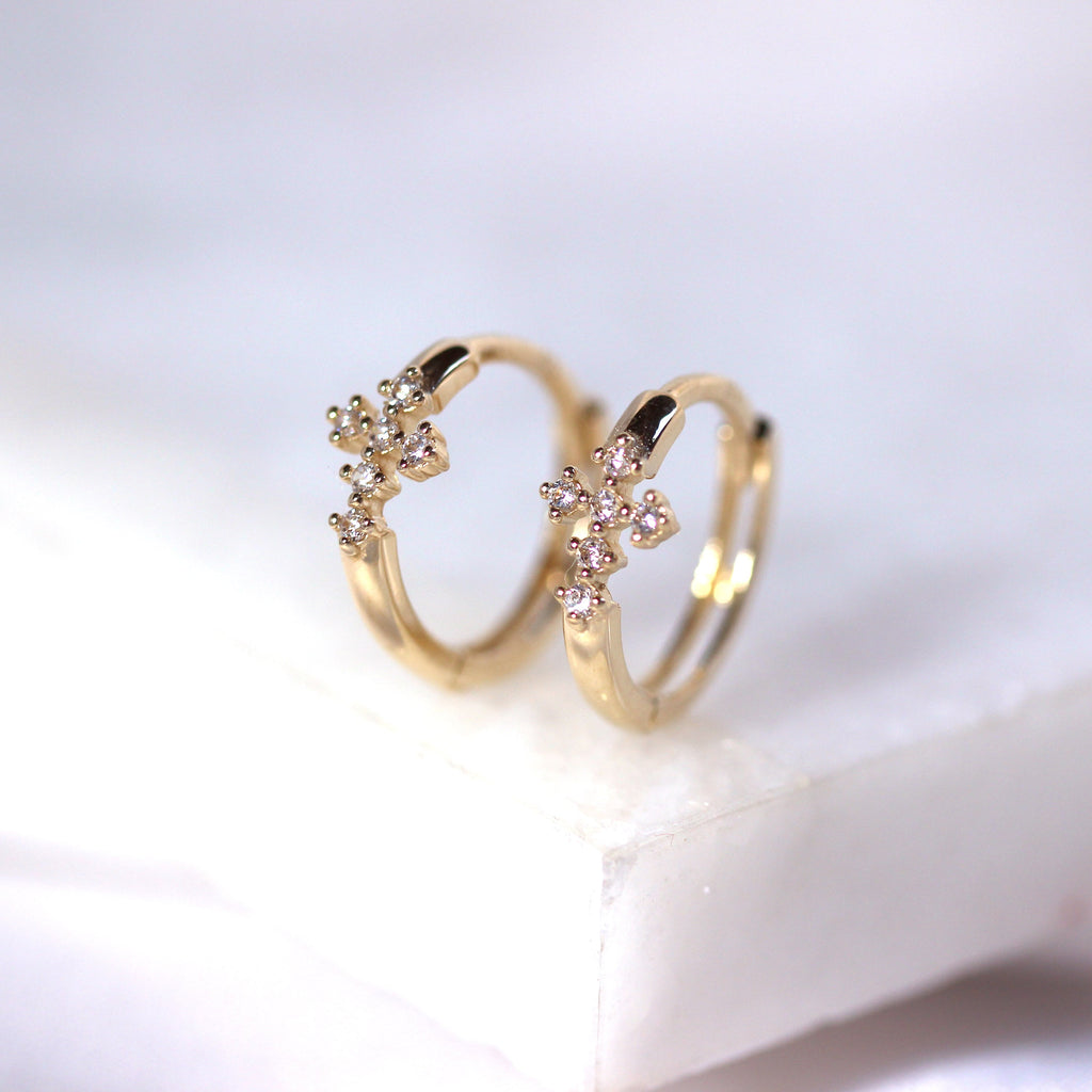 9ct Gold CZ Cross 12mm Huggie Hoop Earrings