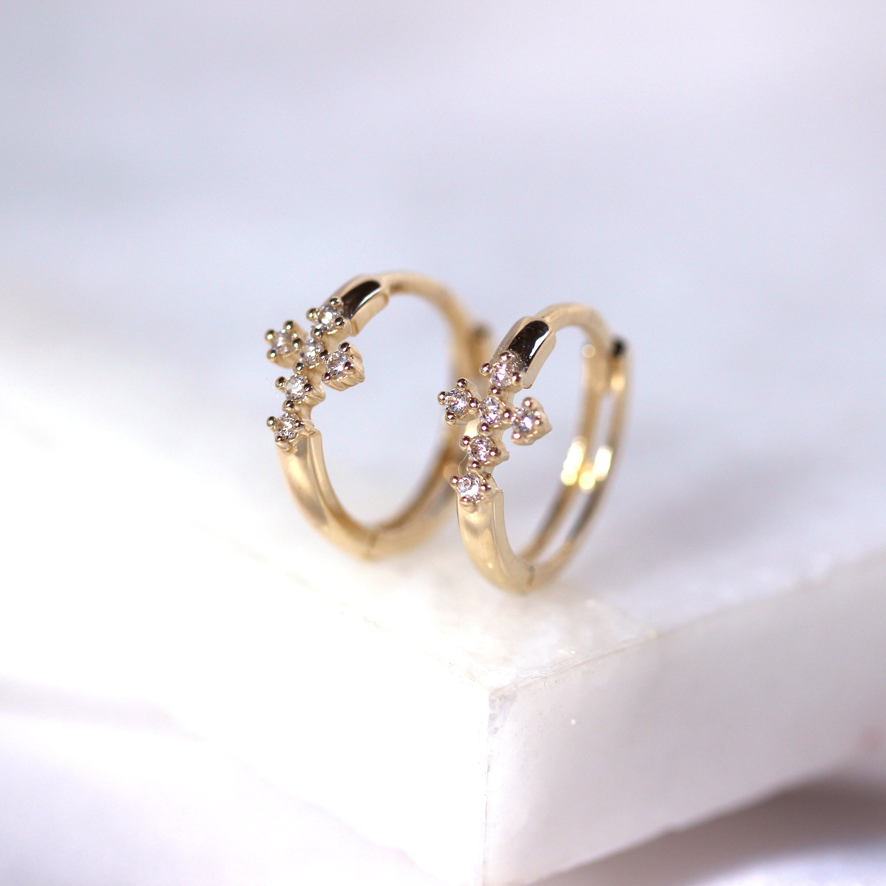 9ct Gold CZ Cross 12mm Huggie Hoop Earrings