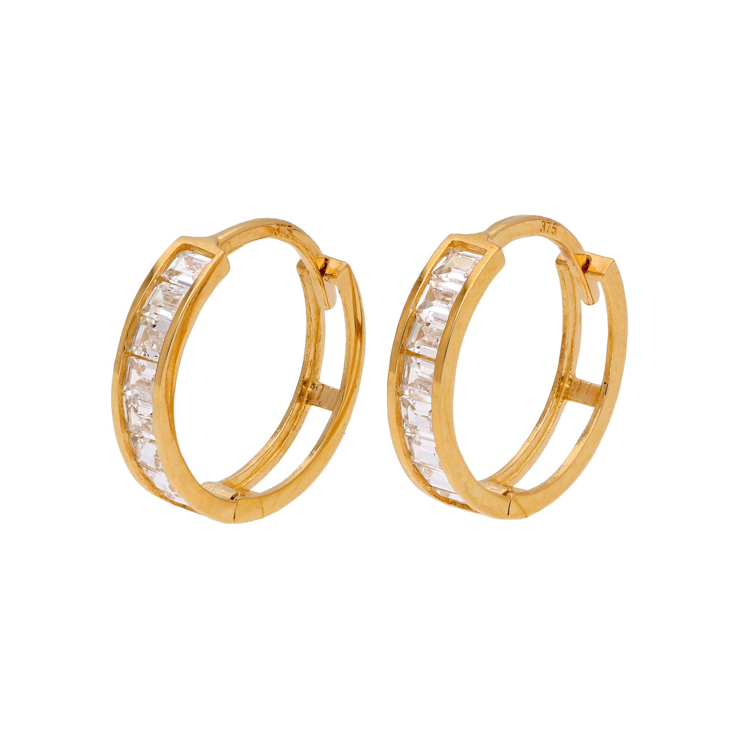 9ct Gold Princess CZ Channel Set 12mm Huggie Hoop Earrings