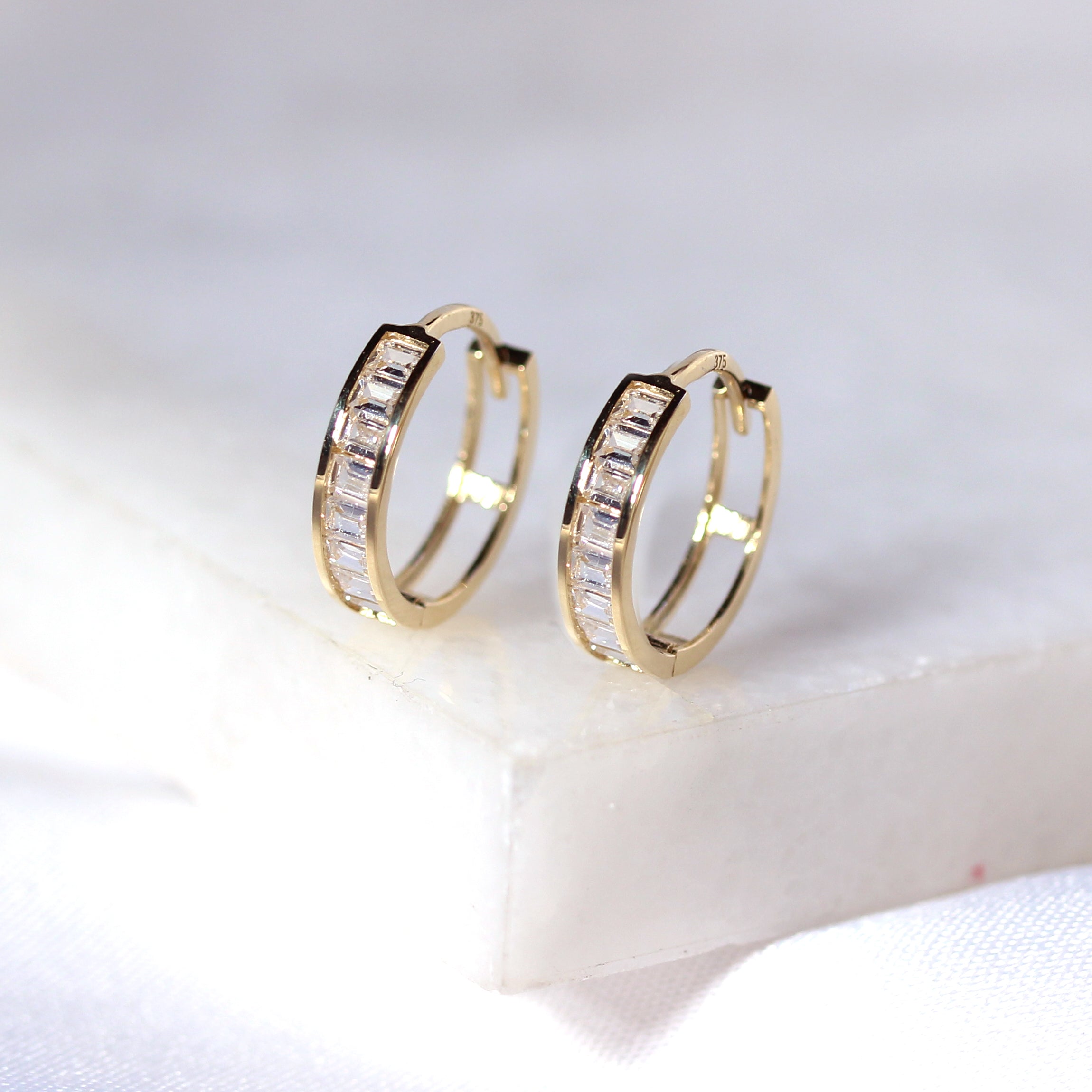 9ct Gold Princess CZ Channel Set 12mm Huggie Hoop Earrings