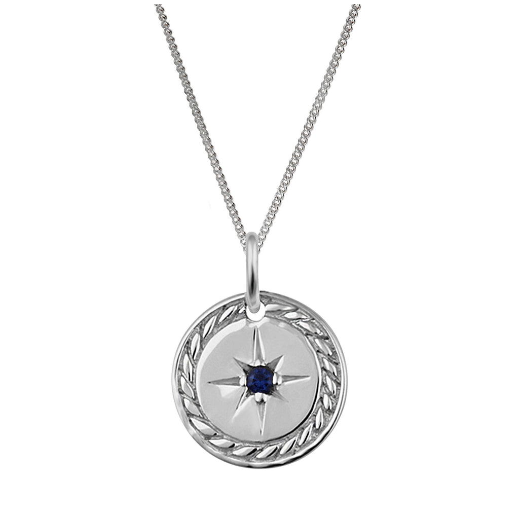 Sterling Silver Sapphire CZ Star Medallion Necklace 14 - 32 Inches