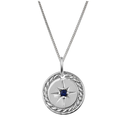 Sterling Silver Sapphire CZ Star Medallion Necklace 14 - 32 Inches
