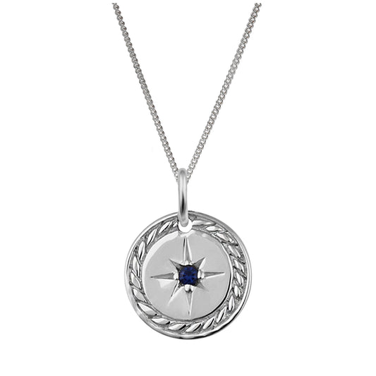 Sterling Silver Sapphire CZ Star Medallion Necklace 14 - 32 Inches