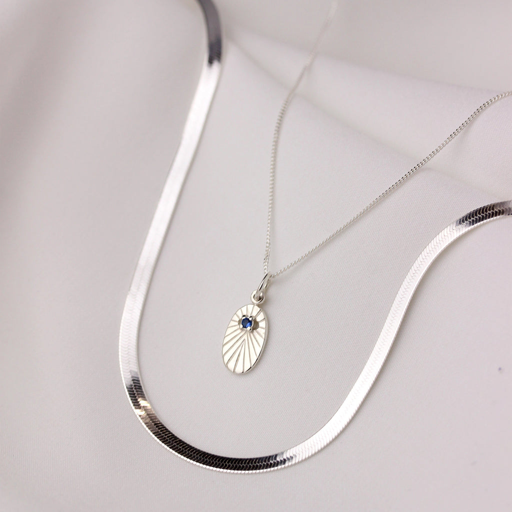 Sterling Silver Sapphire CZ Star Oval Medallion Necklace 14 - 32 Inches