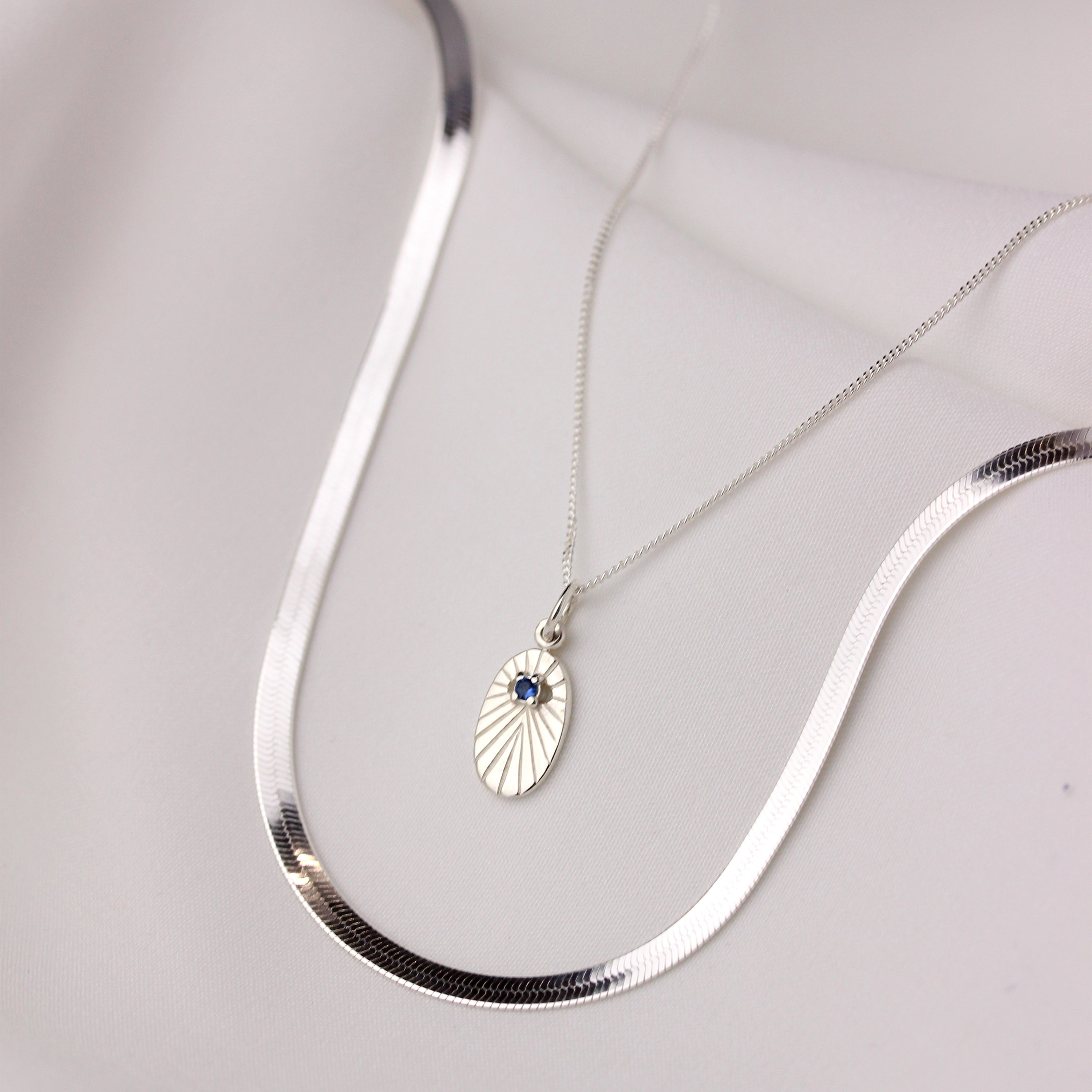 Sterling Silver Sapphire CZ Star Oval Medallion Necklace 14 - 32 Inches