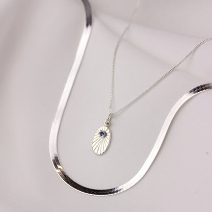 Sterling Silver Sapphire CZ Star Oval Medallion Necklace 14 - 32 Inches