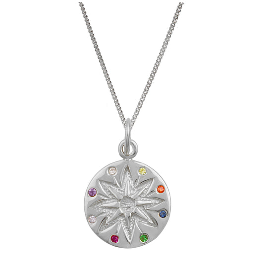 Sterling Silver Multicolour Zodiac CZ Medallion Necklace 14-32 Inches