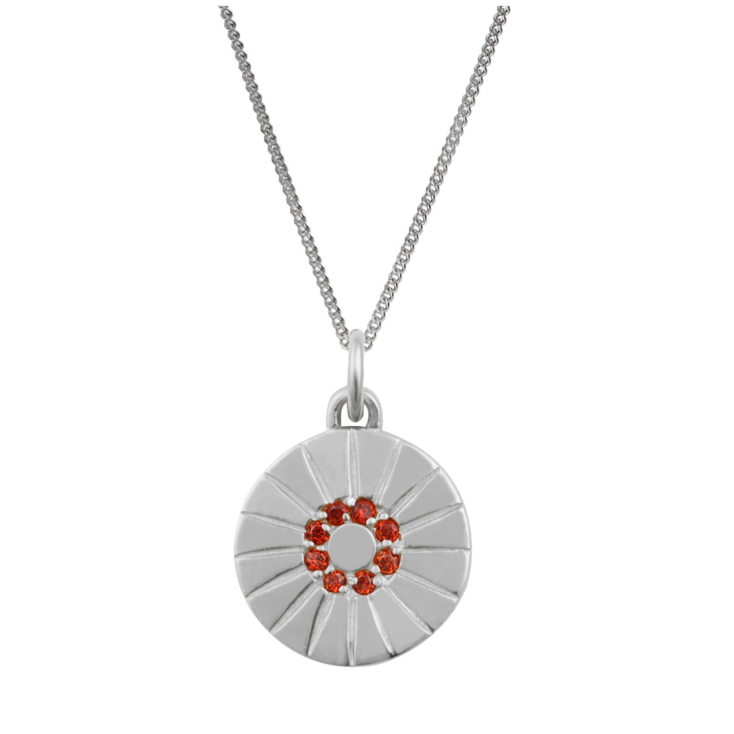 Sterling Silver Garnet CZ Sun Medallion Necklace 14 - 32 Inches
