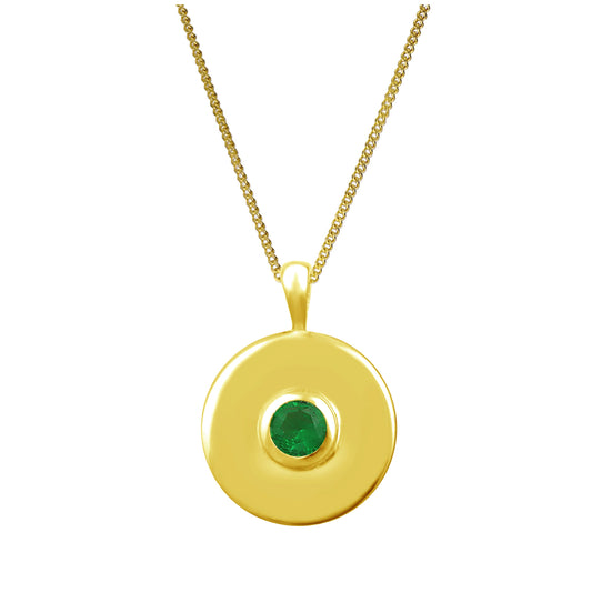 Gold Plated Sterling Silver Emerald CZ Plain Disc Medallion Necklace 14 - 32 Inches