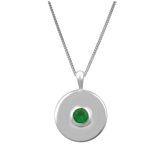 Sterling Silver Emerald CZ Plain Disc Medallion Necklace 14 - 32 Inches