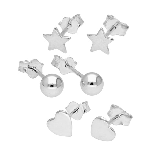 Sterling Silver Heart Star Ball Mixed Stud Earrings Set of 3