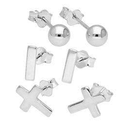 Sterling Silver Cross Bar Ball Mixed Stud Earrings Set of 3