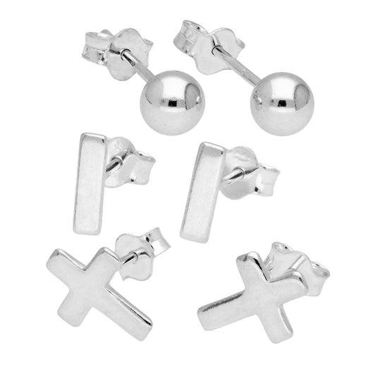 Sterling Silver Cross Bar Ball Mixed Stud Earrings Set of 3