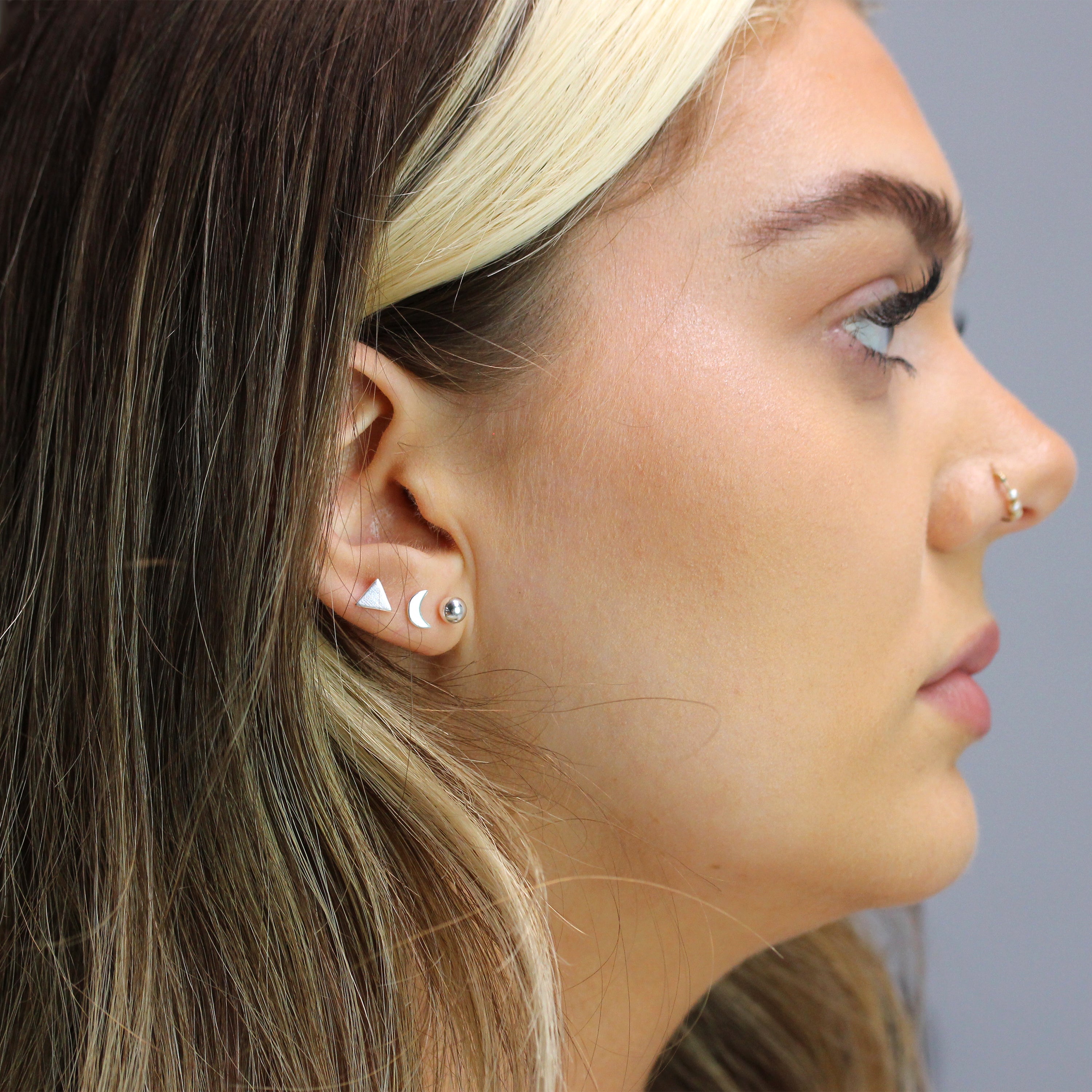 Sterling Silver Triangle Moon Ball Mixed Stud Earrings Set of 3