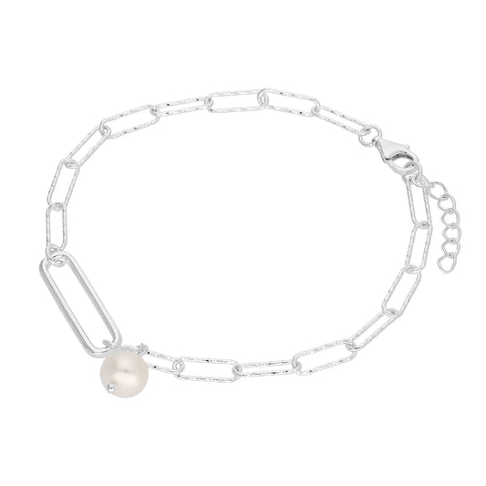 Sterling Silver Freshwater Pearl Bead Long Link Bracelet