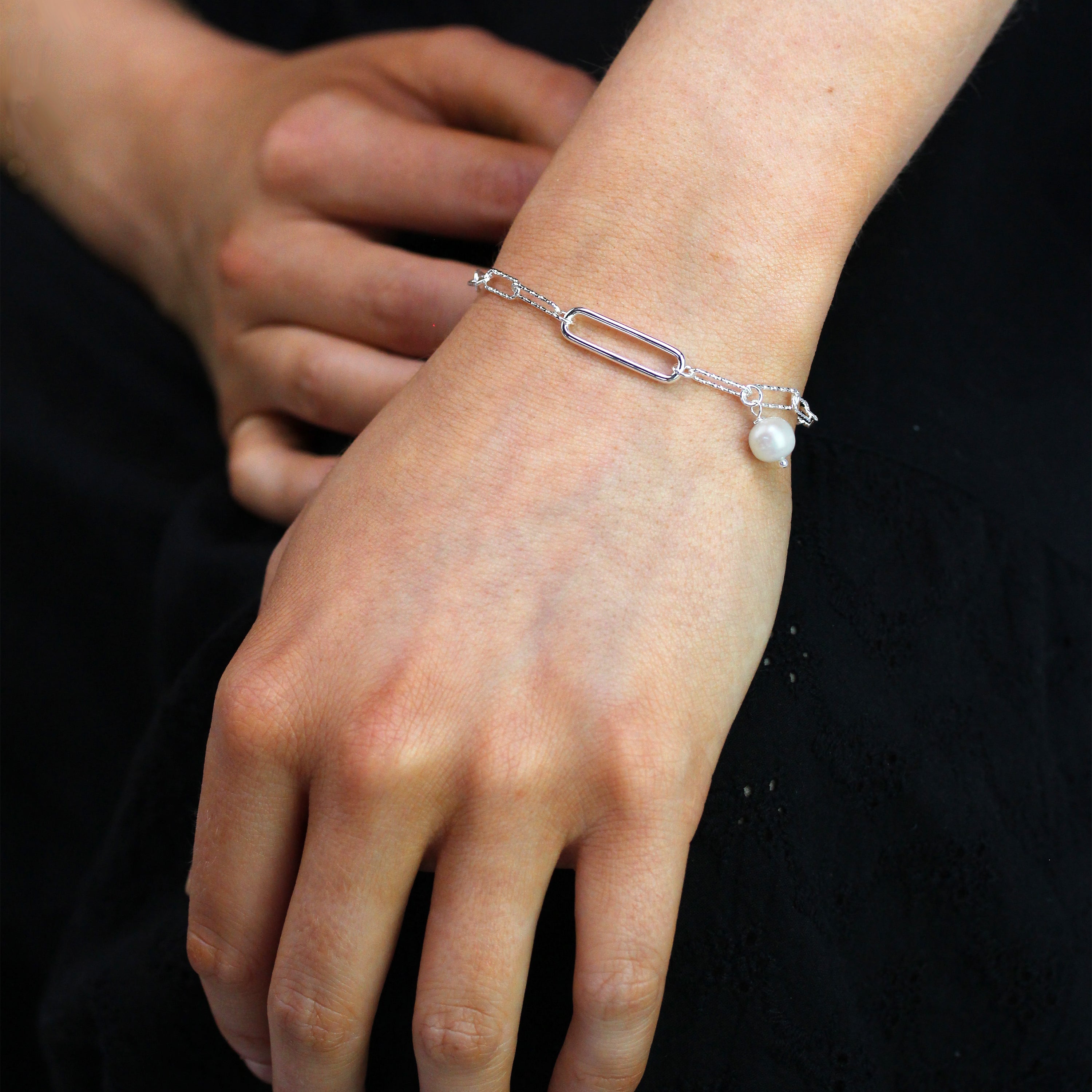 Sterling Silver Freshwater Pearl Bead Long Link Bracelet