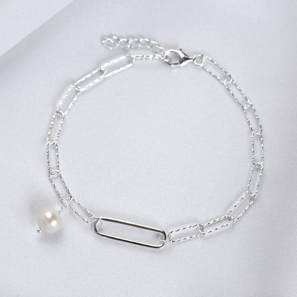 Sterling Silver Freshwater Pearl Bead Long Link Bracelet