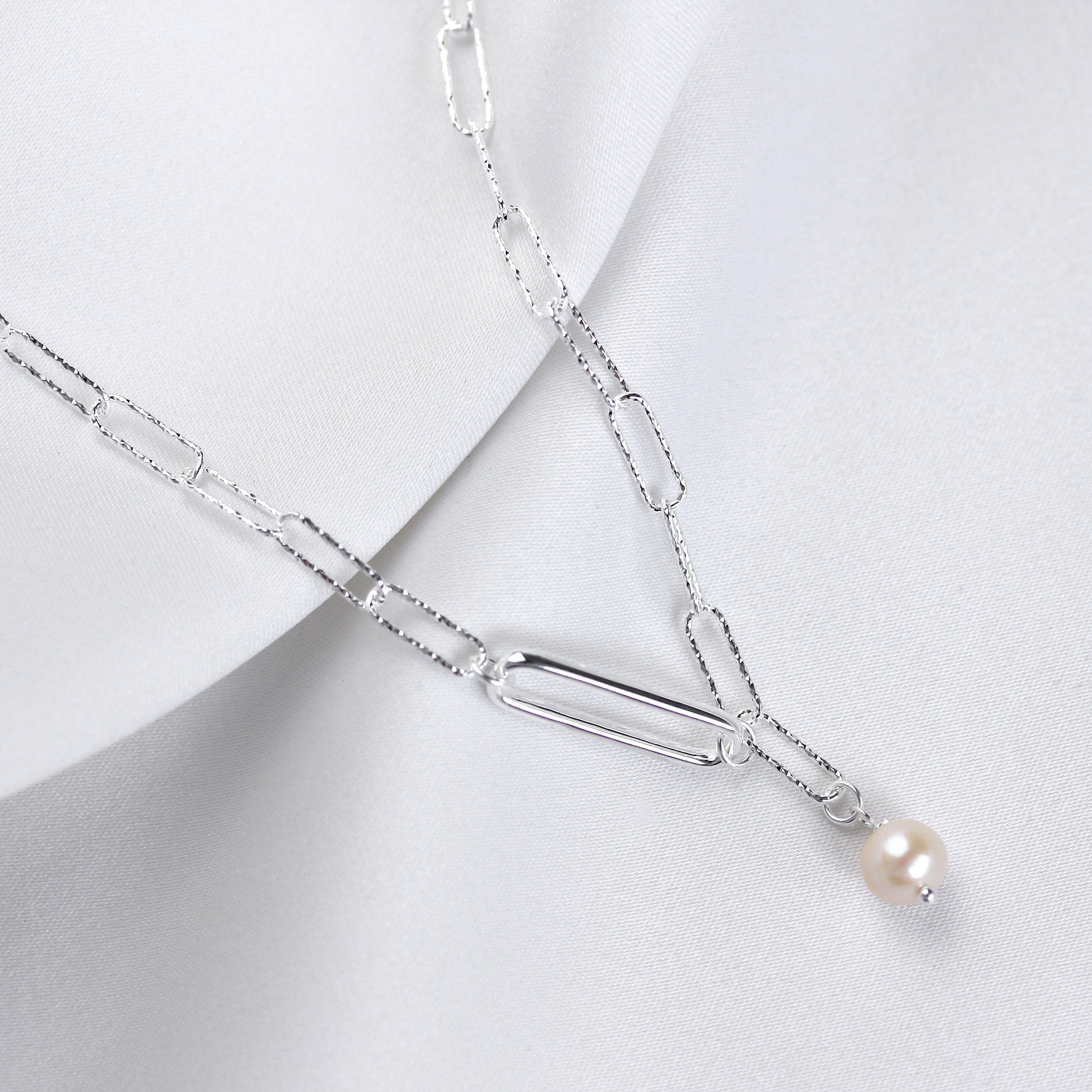Sterling Silver Freshwater Pearl Bead Link Necklace 16 Inch