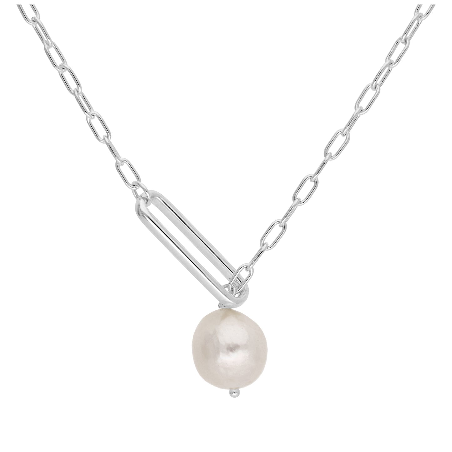 Sterling Silver Natural Freshwater Pearl Drop Link Chain Necklace
