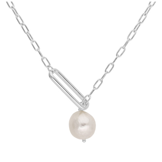 Sterling Silver Natural Freshwater Pearl Drop Link Chain Necklace