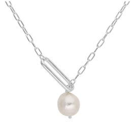 Sterling Silver Natural Freshwater Pearl Drop Link Chain Necklace