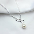 Sterling Silver Natural Freshwater Pearl Drop Link Chain Necklace